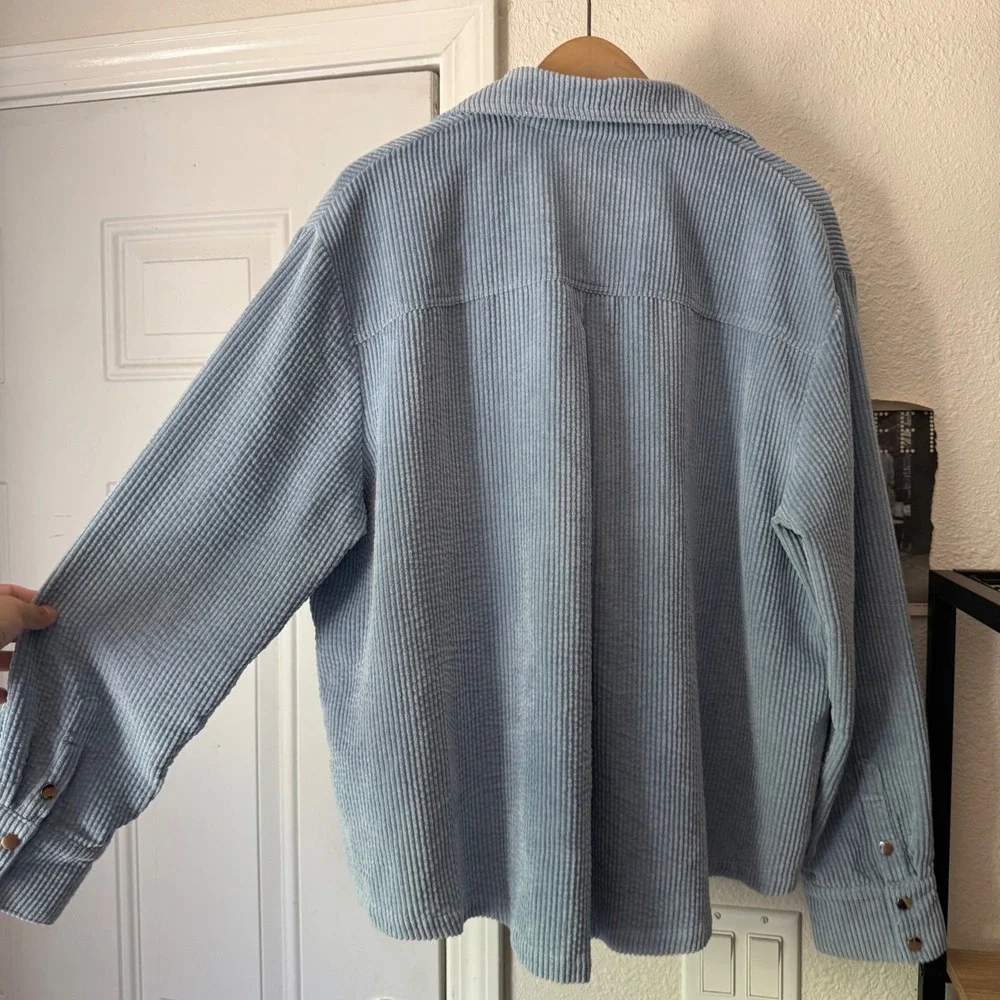 MY MUM MADE IT dusty blue corduroy snap button up oversized shirt jacket shacket